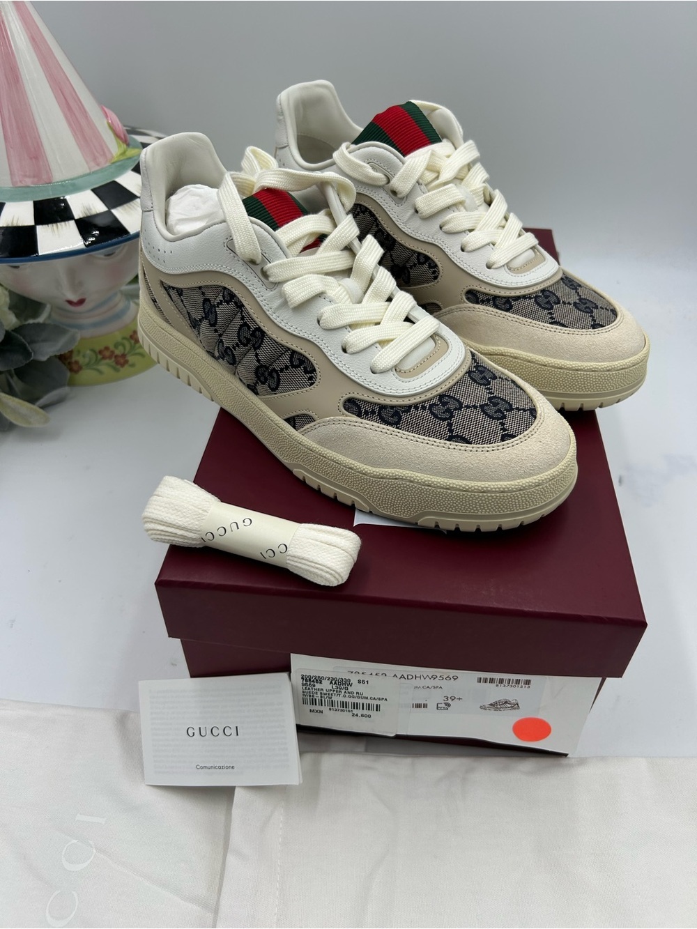 Women's Gucci Cream and Beige GG Canvas Low-Top Sneakers with Red-Green Web 39.5